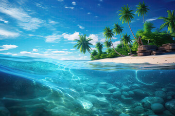 Tropical Paradise With Palm Trees And Sandy Shore. Copy Space. Generative AI