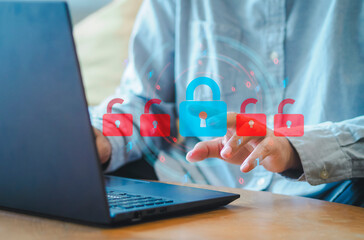 security hack Threats of data leaks and system security Red open key surrounded by blue closed Close the problem solving gap. Ethical Hacking and Professional Penetration.