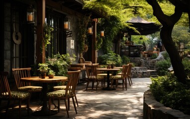 A wooden style of jungle cafe with chairs and tables.