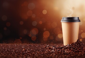 Coffee to go cup and coffee beans background with place for text