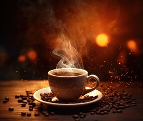 Hot coffee cup and coffee beans background with place for text