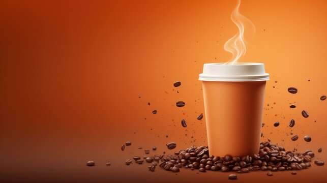 Coffee to go cup and coffee beans background with place for text
