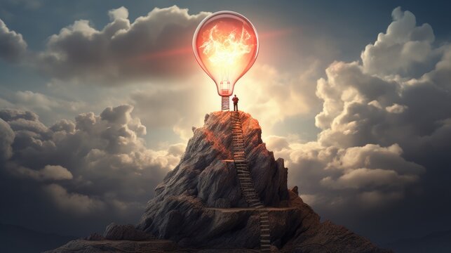 Light bulb and mountain landscape. Concept of idea, business, solution, success