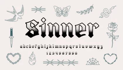 Keuken foto achterwand Grunge vlinders "Sinner"  Y2k Neo Gothic tattoo art font type. Aesthetic 2000s gothic Punk style font. y2k tattoo line art set of butterfly, rose, snake, heart chain. Vintage Goth style tattoo vector font type design