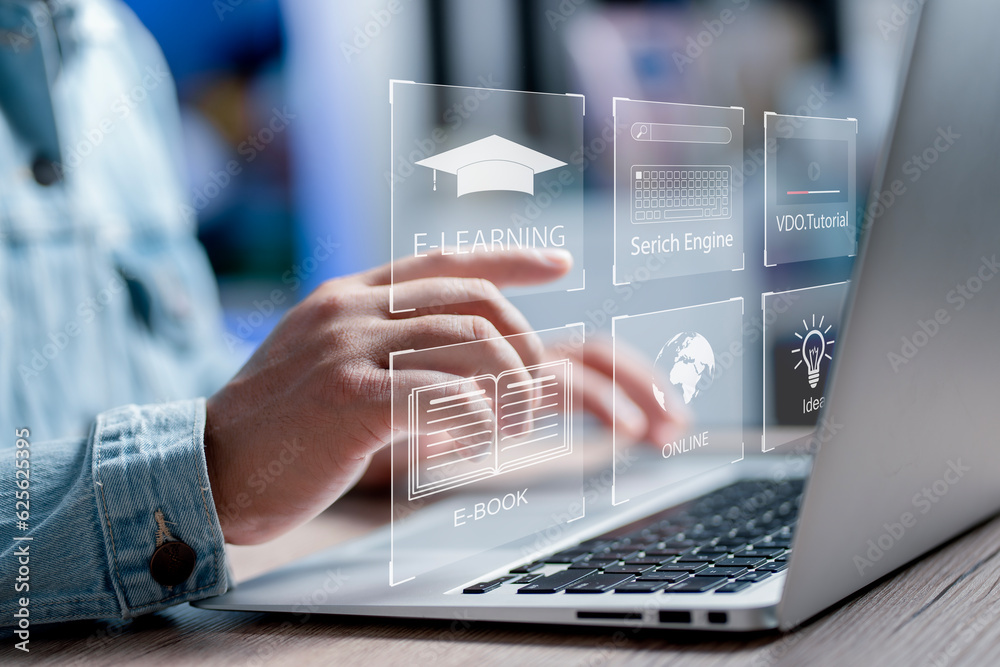 Poster ..Concept of Online education. man use Online education training and e-learning webinar on internet for personal development and professional qualifications. Digital courses to develop new skills...