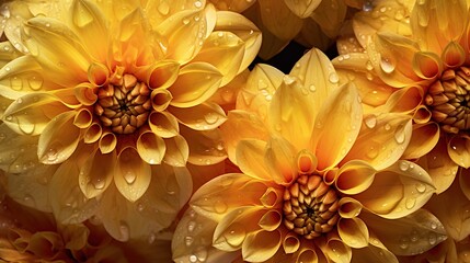 Yellow Dahlia flowers with water drops background. Closeup of delicate blossom with glistening droplets. Generative AI