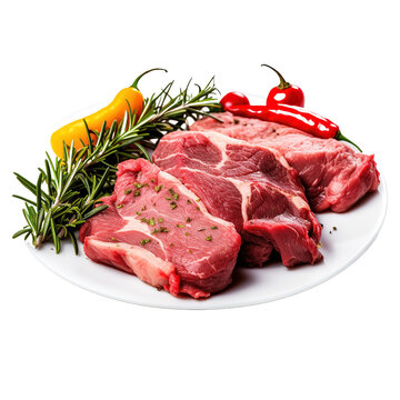 Three pieces of mutton meat with herbs and mixed peppers isolated on white background.