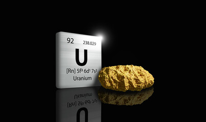 Uranium element on a metal periodic table with yellowish grey metamictic Uranium on dark background. 3D rendered icon and illustration. © OleCNX