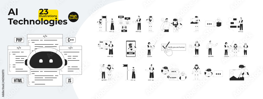 Poster ai technologies bw concept vector spot illustrations bundle. automation. people and robot 2d cartoon
