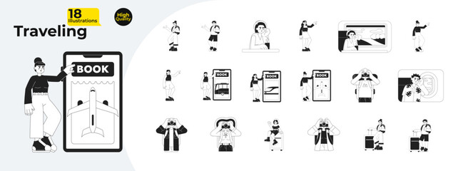 Travelers go on vacation flat concept vector spot illustrations bundle. Planning trip. Traveling 2D cartoon characters on white for web UI design. Isolated editable creative hero image collection © IMGvisualsCharacters