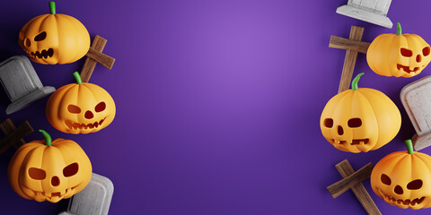 3d Rendering. Design for Halloween banner with pumpkin,crucifix, skull, grave on a purple background. With copy space.
