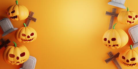 3d Rendering. Design for Halloween banner with pumpkin,crucifix, skull, grave on a orange background. With copy space.