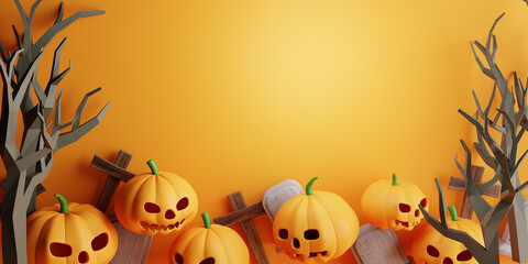 3d Rendering. Design for Halloween banner with pumpkin,crucifix, skull, grave on orange background. Dry trees in the cemetery. with copy space.