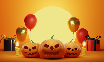 3d Rendering. Halloween Sale Promotion Poster template with Product display stage. Halloween pumpkins and Ghost Balloons with moon light and orange background. banner template. with copy space.