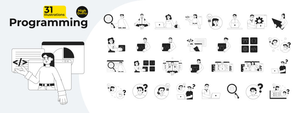 Programming monochrome concept vector spot illustrations bundle. Busy freelancer working on laptop 2D flat bw cartoon characters for web UI design. Isolated editable hand drawn hero image collection