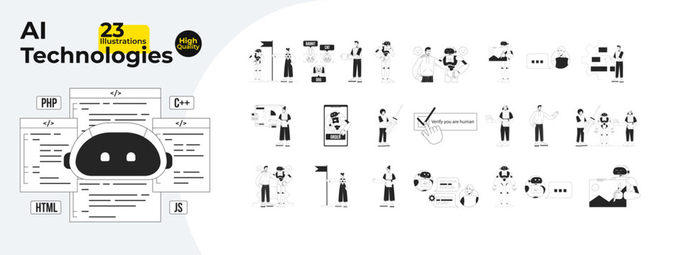 AI technologies bw concept vector spot illustrations bundle. Automation. People and robot 2D cartoon flat line monochromatic characters for web UI design. Editable hero image collection