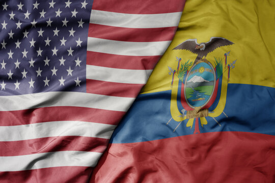 big waving colorful flag of united states of america and national flag of ecuador .