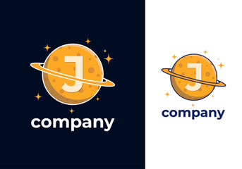 J Letter Planet Logo Design Vector Template. Orange Color Saturn Icon with Ring and Letter J Illustration