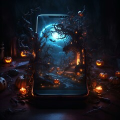 A scary path filled with scary pumpkins in and around the phone screen in a spooky scene