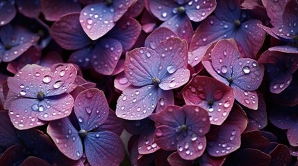 Purple Hydrangeas flowers with water drops background. Closeup of blossom with glistening droplets. Generative AI