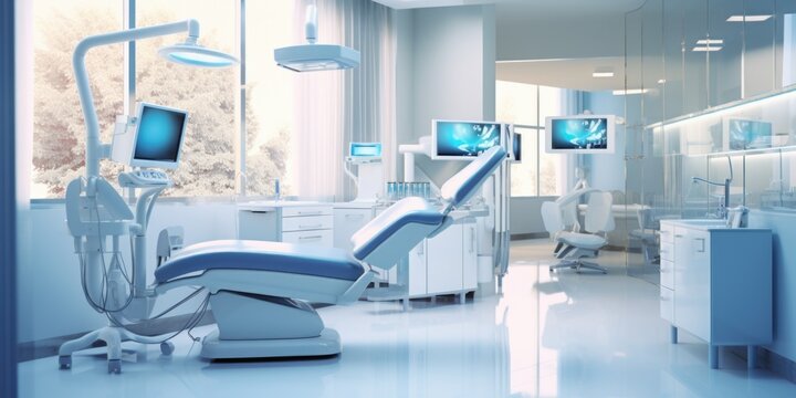 A dentist's office with a monitor and a chair. Generative AI. .