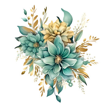 Teal and Gold Flowers Watercolor Clip Art, Watercolor Illustration, Flowers Sublimation Design, Flowers Clip Art.