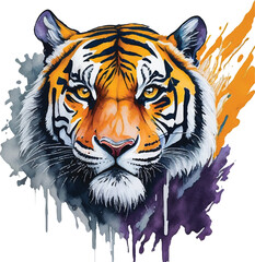 Close-up of colorful painted Tiger face in watercolor, Realistic wild animal illustration. Hand painted on paper, realistic artistic painting on white background