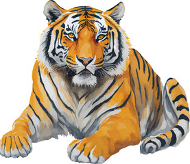 Close-up of colorful painted Tiger face in watercolor, Realistic wild animal illustration. Hand painted on paper, realistic artistic painting on white background