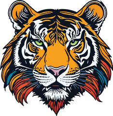 Close-up of colorful painted Tiger face in watercolor, Realistic wild animal illustration. Hand painted on paper, realistic artistic painting on white background