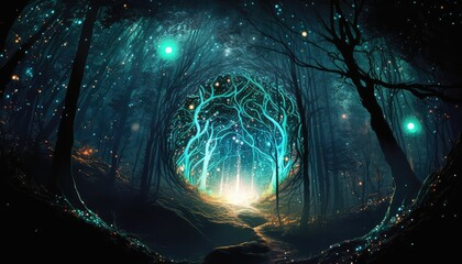 anime magical space forest wallpaper with delusion and illusion effect generative ai