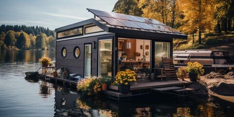 A small houseboat with a solar panel on the roof. Generative AI. .