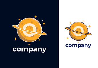 O Letter Planet Logo Design Vector Template. Orange Color Saturn Icon with Ring and Letter O Illustration