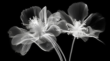 Monochrome x-ray image of a ethereal flower on black. Fantasy mystical blossom. Generative AI - obrazy, fototapety, plakaty