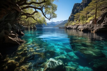 A lake with clear water surrounded by rocks and trees. Generative AI. .
