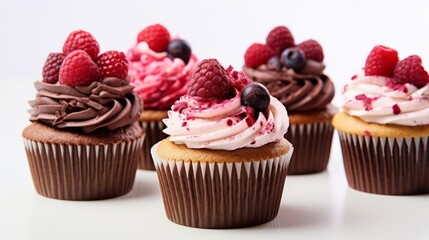 Illustration of delicious cupcakes with colorful frosting and fresh berries on top created with Generative AI technology