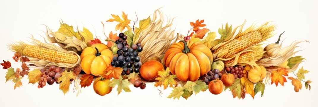 A group of fruits and vegetables on a table. Generative AI. Thanksgiving clipart on white background.