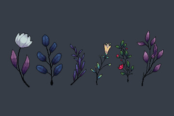 pixelated flower and leaf collection set