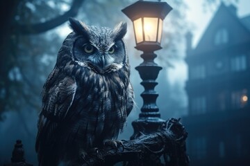 Fototapeta premium An owl sitting on a tree branch next to a lamp post. Generative AI. .