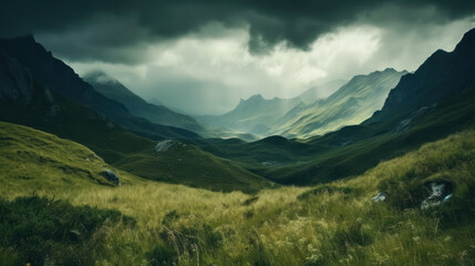 Fototapeta premium majestic mountain landscape with thunderstorm approaching, clouds rolling in.