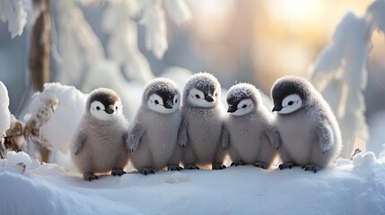 A group of baby penguins standing in the snow.