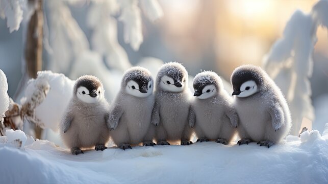  a group of little penguins standing in the snow together in a row.  generative ai