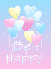 Romantic vector illustration with heart-shaped balloons floating among confetti on a pink-blue gradient background.