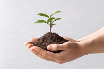 Hand holding a plant with soil