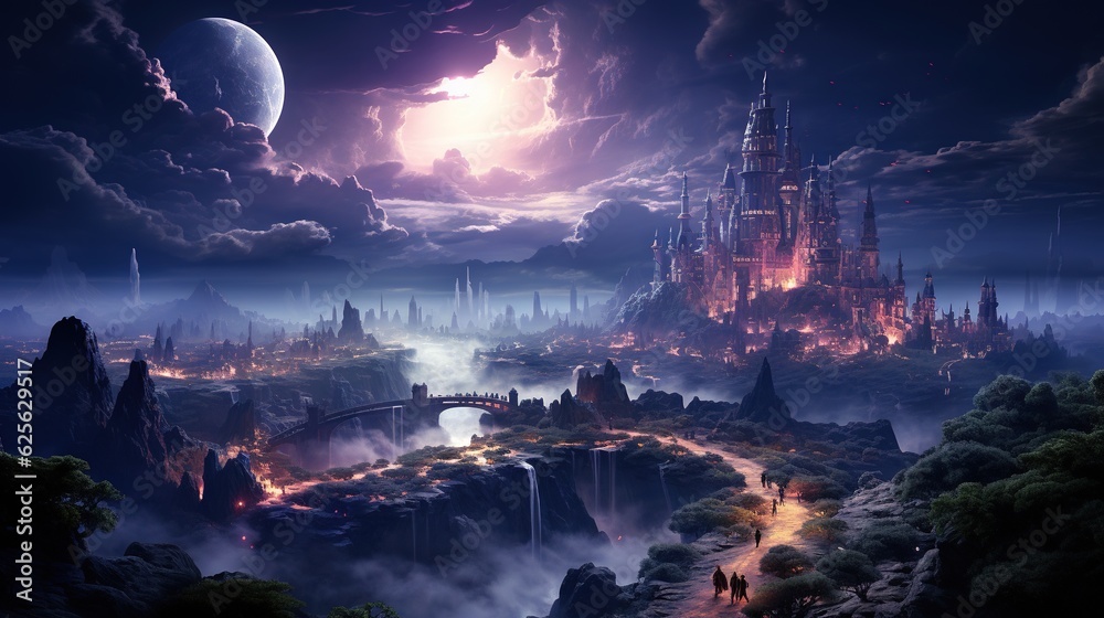 Wall mural a fantasy landscape with a castle and a bridge in the middle. generative ai