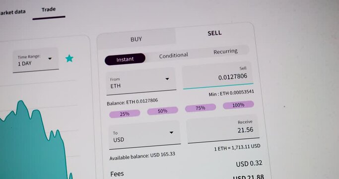 Computer screen displays live etherium cryptocurrency sale converting to USD wuth balance, minimum price, recuring and conditional sale options