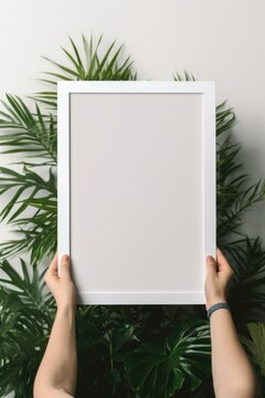A person holding a picture frame over a plant. Generative AI. Mockup for your art project, poster, illustration or lettering.