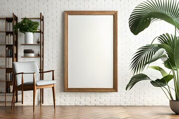 Wooden poster frame mockup over white wall with flowers in vase, armchair and tropical plants, blank vertical frame with copy space