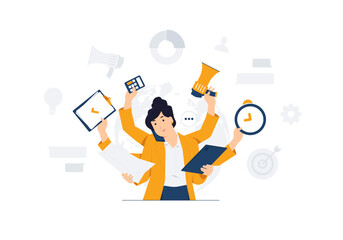 Multitasking, works simultaneously, efficient, time management project, workload balance, busy businesswoman activities with many hands and several objects concept illustration