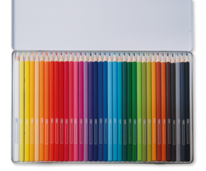 Caja de lápices de colores, vista superior sin fondo.