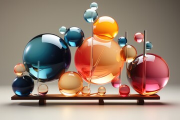 A group of colorful glass balls on a wooden stand. Generative AI. .